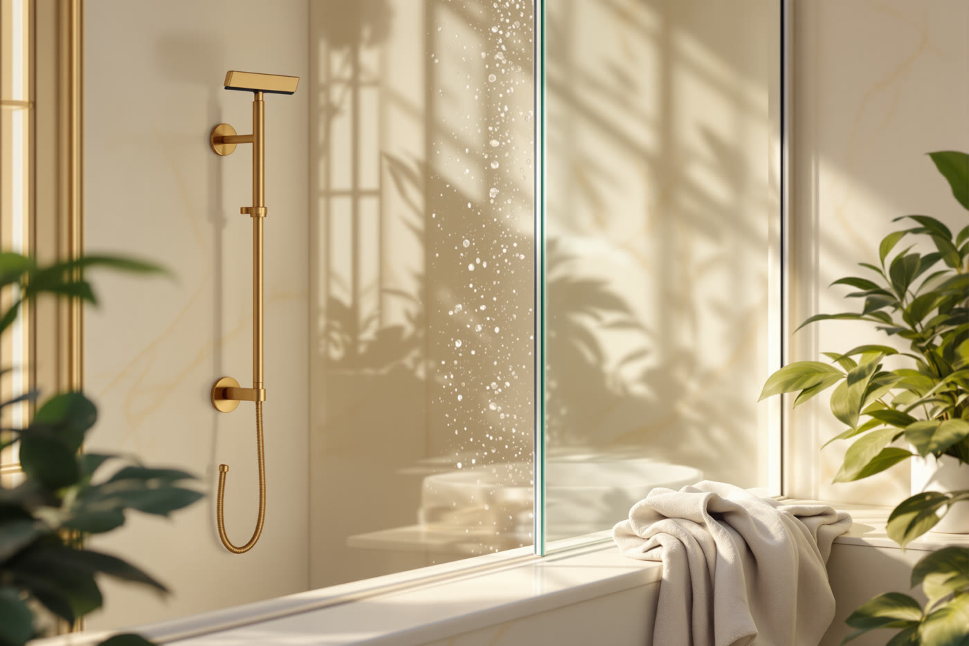 Mampara de cristal en un baño luminoso, con gotas de agua en una parte del cristal y una toalla