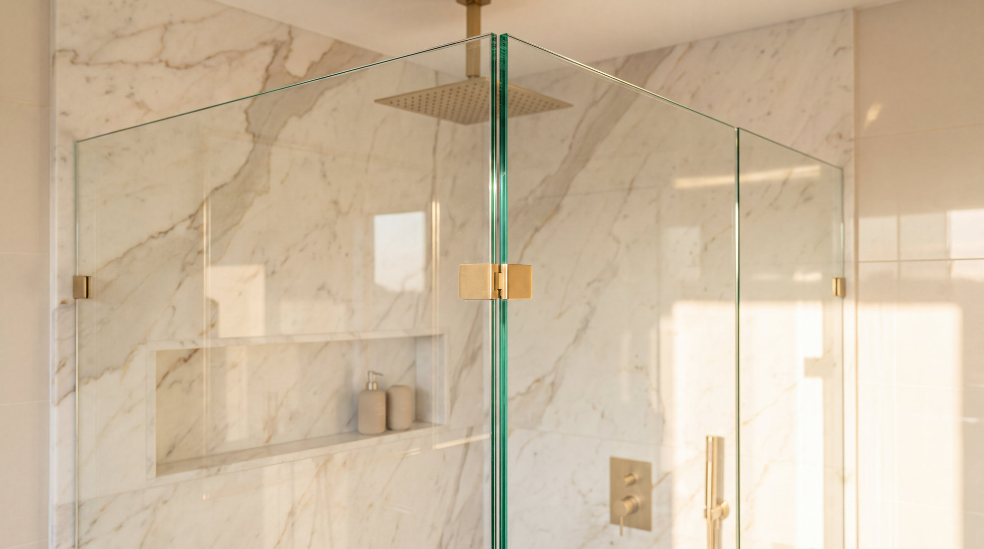 Esquina de una mampara de ducha sin perfiles, con dos hojas de cristal transparente unidas por una bisagra dorada, y detrás una ducha de mármol claro con rociador de lluvia dorado y hornacina, bañada por la luz de la mañana