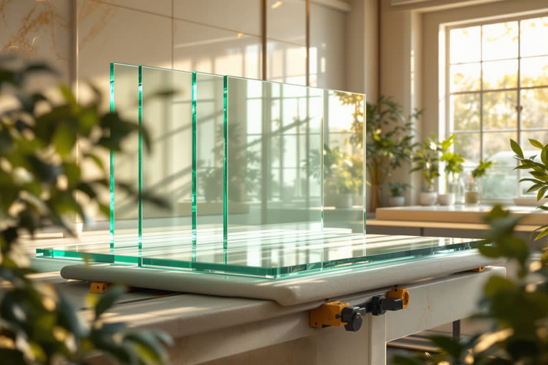 Paneles de cristal alineados sobre una mesa de corte