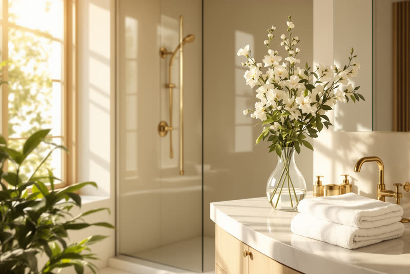Baño terminado con toallas dobladas y un jarrón con flores