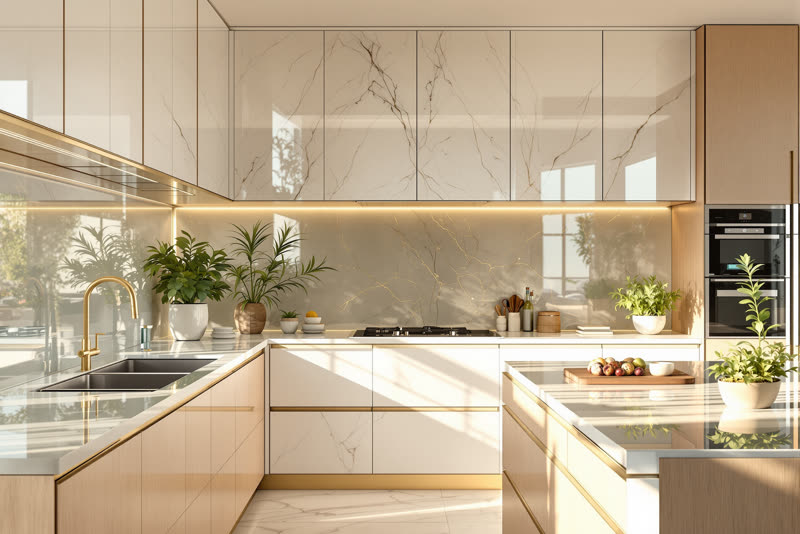 Cocina con vitrinas y salpicadero brillantes bajo luz cálida