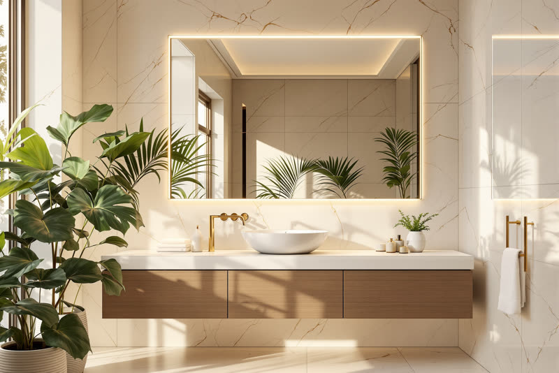 Espejo iluminado a medida sobre un lavabo de madera