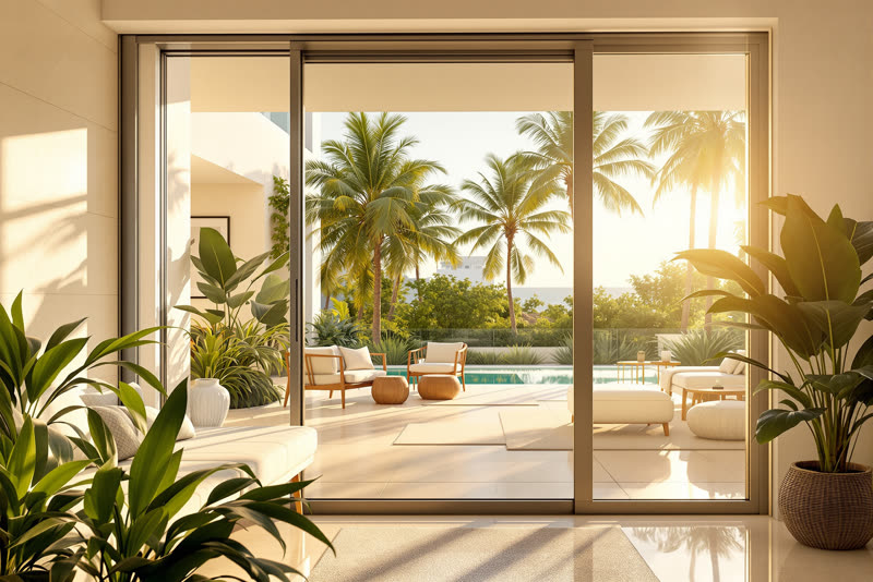 Puertas correderas de cristal que dan a un patio con piscina